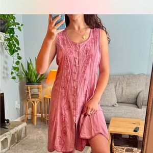 pink embroidered button up boho dress